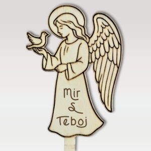 Lesena sveča na piku iz vezane plošče - angel z golobom v roki z napisom "Mir s teboj"