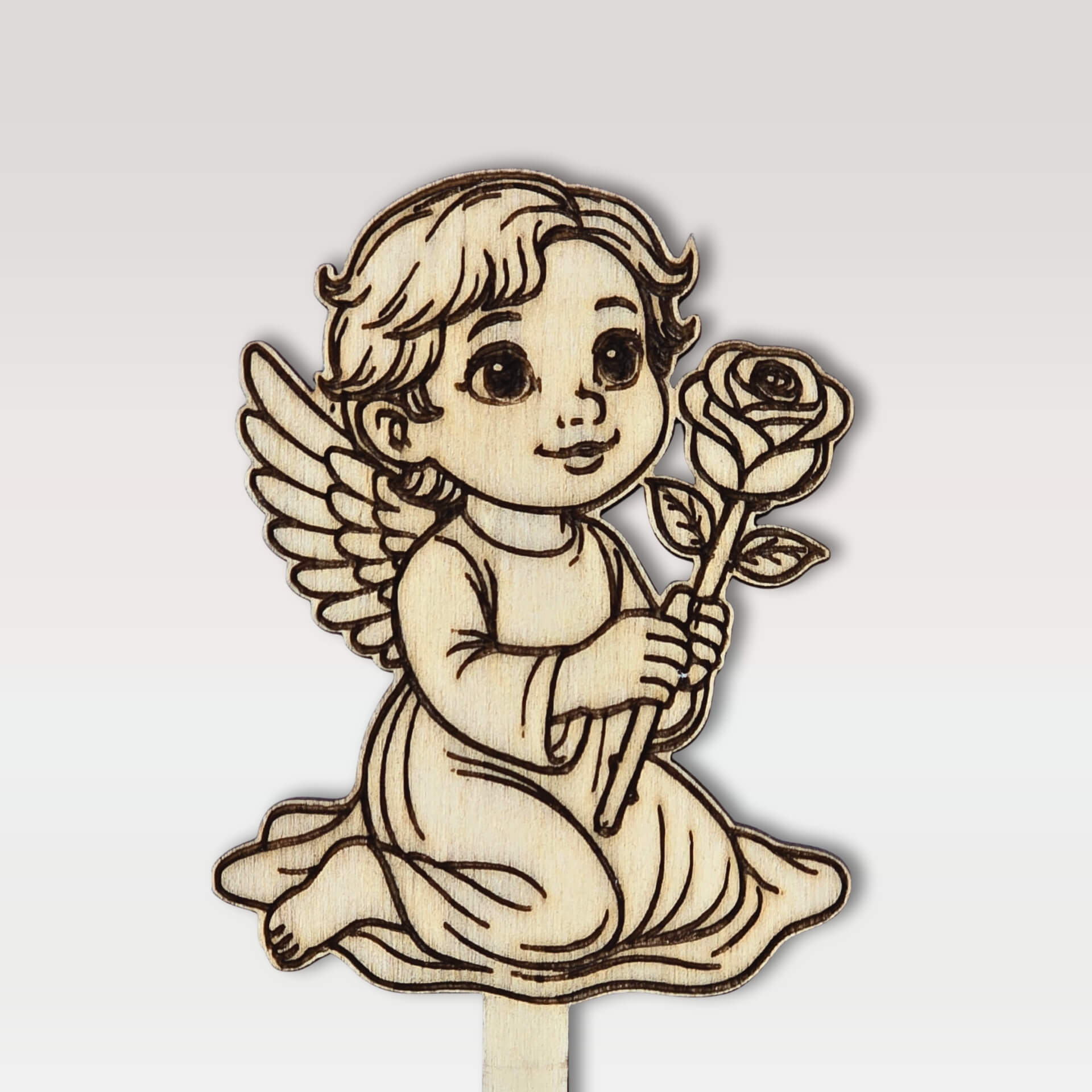 Lesena sveča na piku iz vezane plošče – angel z vrtnico