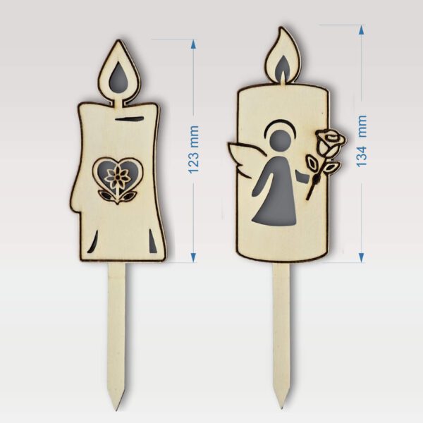 Lesena sveča na piku iz vezane plošče z motivom angela - prikaz velikosti