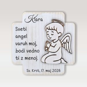Darilo za krst - personalizirana lesena slika z angelčkom za krst z imenom in datumom v beli barvi