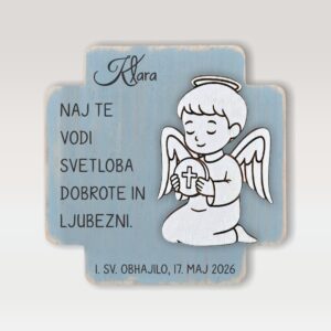 Darilo za obhajilo - lesena slika z angelčkom v modri barvi